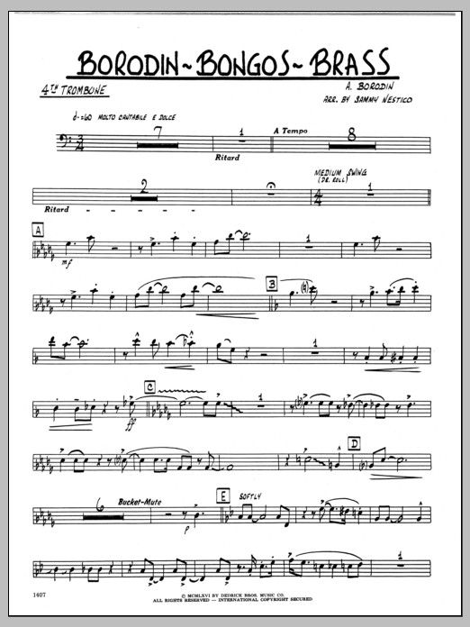 Learn to play Sammy Nestico Borodin-Bongos-Brass - 4th Trombone sheet music for Jazz Ensemble in minutes. Sammy Nestico Borodin-Bongos-Brass - 4th Trombone sheet music preview music notes and score for Jazz Ensemble including 2 page(s)