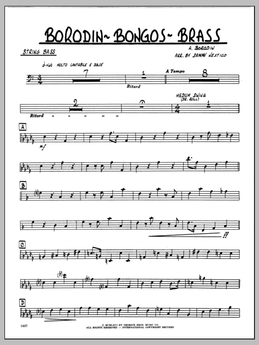 Learn to play Sammy Nestico Borodin-Bongos-Brass - Bass sheet music for Jazz Ensemble in minutes. Sammy Nestico Borodin-Bongos-Brass - Bass sheet music preview music notes and score for Jazz Ensemble including 2 page(s)