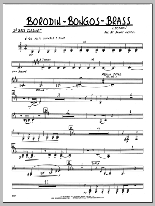 Learn to play Sammy Nestico Borodin-Bongos-Brass - Bb Bass Clarinet sheet music for Jazz Ensemble in minutes. Sammy Nestico Borodin-Bongos-Brass - Bb Bass Clarinet sheet music preview music notes and score for Jazz Ensemble including 2 page(s)