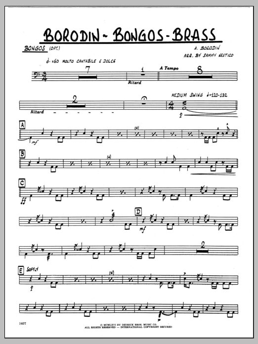 Learn to play Sammy Nestico Borodin-Bongos-Brass - Bongos sheet music for Jazz Ensemble in minutes. Sammy Nestico Borodin-Bongos-Brass - Bongos sheet music preview music notes and score for Jazz Ensemble including 2 page(s)