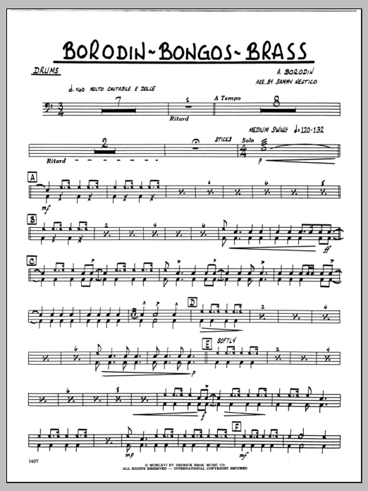 Learn to play Sammy Nestico Borodin-Bongos-Brass - Drums sheet music for Jazz Ensemble in minutes. Sammy Nestico Borodin-Bongos-Brass - Drums sheet music preview music notes and score for Jazz Ensemble including 2 page(s)