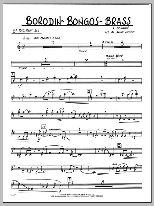 Learn to play Sammy Nestico Borodin-Bongos-Brass - Eb Baritone Sax sheet music for Jazz Ensemble in minutes. Sammy Nestico Borodin-Bongos-Brass - Eb Baritone Sax sheet music preview music notes and score for Jazz Ensemble including 2 page(s)