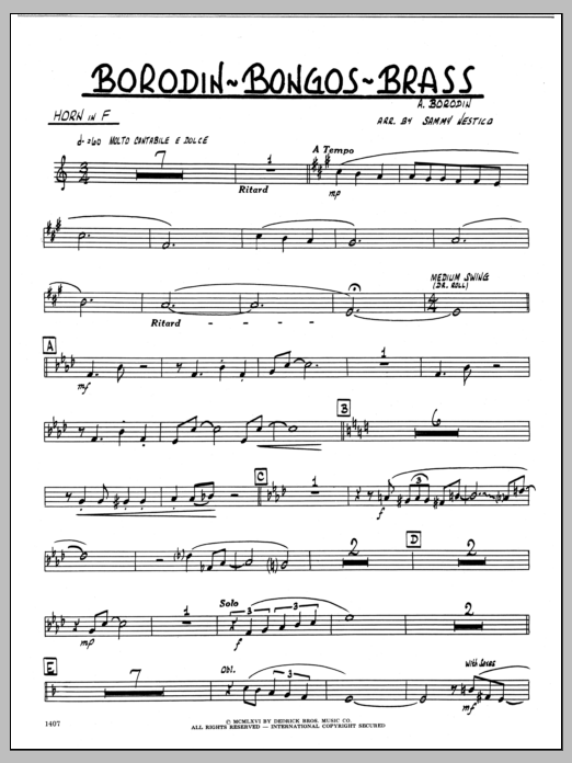 Learn to play Sammy Nestico Borodin-Bongos-Brass - Horn in F sheet music for Jazz Ensemble in minutes. Sammy Nestico Borodin-Bongos-Brass - Horn in F sheet music preview music notes and score for Jazz Ensemble including 2 page(s)