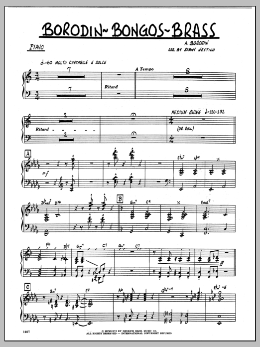 Learn to play Sammy Nestico Borodin-Bongos-Brass - Piano sheet music for Jazz Ensemble in minutes. Sammy Nestico Borodin-Bongos-Brass - Piano sheet music preview music notes and score for Jazz Ensemble including 3 page(s)