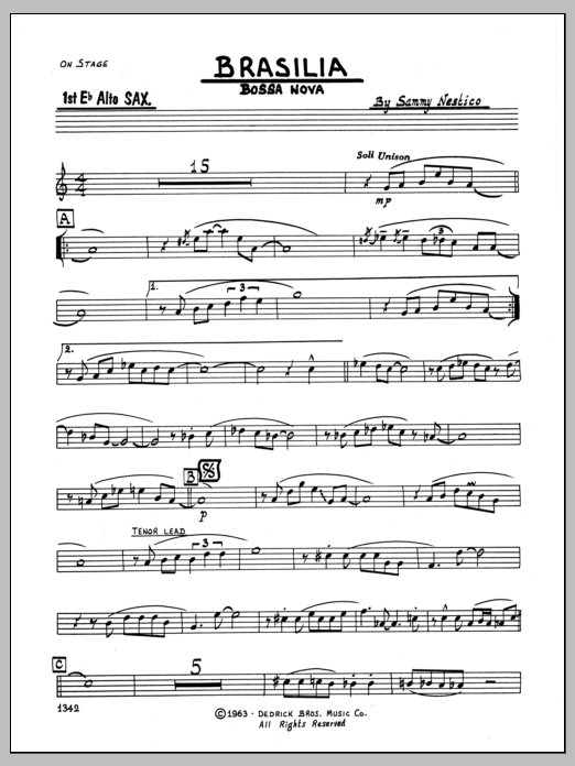 Learn to play Sammy Nestico Brasilia - 1st Eb Alto Saxophone sheet music for Jazz Ensemble in minutes. Sammy Nestico Brasilia - 1st Eb Alto Saxophone sheet music preview music notes and score for Jazz Ensemble including 2 page(s)
