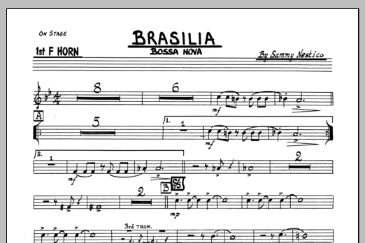 Learn to play Sammy Nestico Brasilia - 1st F Horn sheet music for Jazz Ensemble in minutes. Sammy Nestico Brasilia - 1st F Horn sheet music preview music notes and score for Jazz Ensemble including 1 page(s)