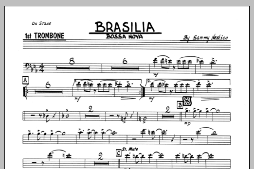 Learn to play Sammy Nestico Brasilia - 1st Trombone sheet music for Jazz Ensemble in minutes. Sammy Nestico Brasilia - 1st Trombone sheet music preview music notes and score for Jazz Ensemble including 1 page(s)