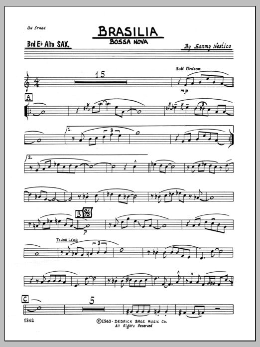 Learn to play Sammy Nestico Brasilia - 3rd Eb Alto Saxophone sheet music for Jazz Ensemble in minutes. Sammy Nestico Brasilia - 3rd Eb Alto Saxophone sheet music preview music notes and score for Jazz Ensemble including 2 page(s)