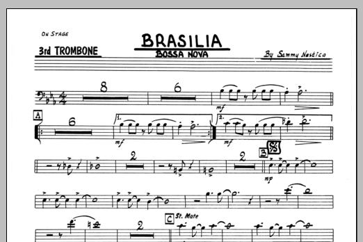 Learn to play Sammy Nestico Brasilia - 3rd Trombone sheet music for Jazz Ensemble in minutes. Sammy Nestico Brasilia - 3rd Trombone sheet music preview music notes and score for Jazz Ensemble including 1 page(s)