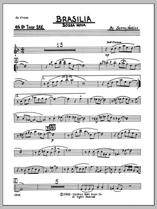 Learn to play Sammy Nestico Brasilia - 4TH Bb TENOR SAXOPHONE sheet music for Jazz Ensemble in minutes. Sammy Nestico Brasilia - 4TH Bb TENOR SAXOPHONE sheet music preview music notes and score for Jazz Ensemble including 2 page(s)