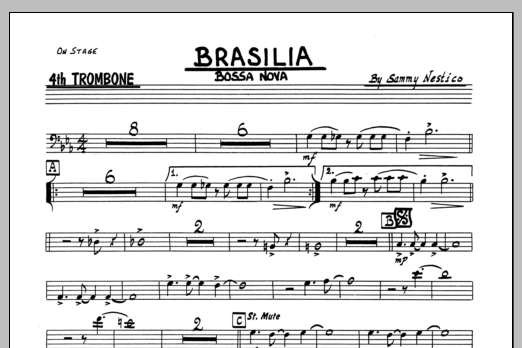 Learn to play Sammy Nestico Brasilia - 4th Trombone sheet music for Jazz Ensemble in minutes. Sammy Nestico Brasilia - 4th Trombone sheet music preview music notes and score for Jazz Ensemble including 1 page(s)