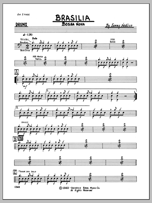 Learn to play Sammy Nestico Brasilia - Drums sheet music for Jazz Ensemble in minutes. Sammy Nestico Brasilia - Drums sheet music preview music notes and score for Jazz Ensemble including 2 page(s)