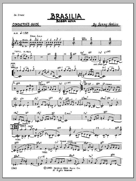 Learn to play Sammy Nestico Brasilia - Full Score sheet music for Jazz Ensemble in minutes. Sammy Nestico Brasilia - Full Score sheet music preview music notes and score for Jazz Ensemble including 2 page(s)