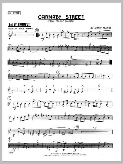 Learn to play Sammy Nestico Carnaby Street - 3rd Bb Trumpet sheet music for Jazz Ensemble in minutes. Sammy Nestico Carnaby Street - 3rd Bb Trumpet sheet music preview music notes and score for Jazz Ensemble including 2 page(s)