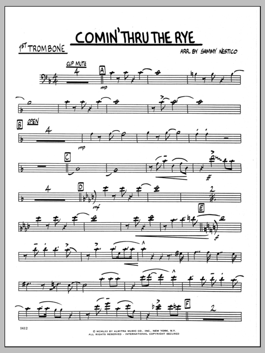 Learn to play Sammy Nestico Comin' Through The Rye - 1st Trombone sheet music for Jazz Ensemble in minutes. Sammy Nestico Comin' Through The Rye - 1st Trombone sheet music preview music notes and score for Jazz Ensemble including 2 page(s)