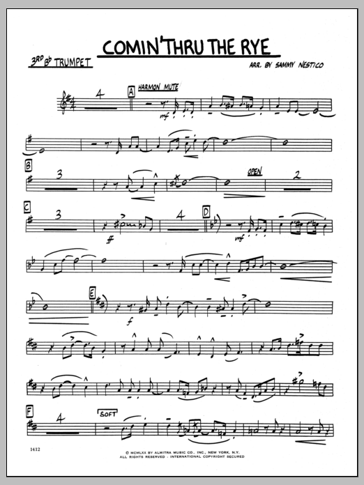 Learn to play Sammy Nestico Comin' Through The Rye - 3rd Bb Trumpet sheet music for Jazz Ensemble in minutes. Sammy Nestico Comin' Through The Rye - 3rd Bb Trumpet sheet music preview music notes and score for Jazz Ensemble including 2 page(s)