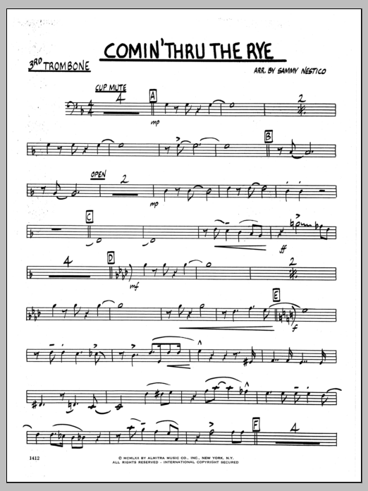 Learn to play Sammy Nestico Comin' Through The Rye - 3rd Trombone sheet music for Jazz Ensemble in minutes. Sammy Nestico Comin' Through The Rye - 3rd Trombone sheet music preview music notes and score for Jazz Ensemble including 2 page(s)