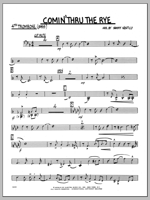 Learn to play Sammy Nestico Comin' Through The Rye - 4th Trombone sheet music for Jazz Ensemble in minutes. Sammy Nestico Comin' Through The Rye - 4th Trombone sheet music preview music notes and score for Jazz Ensemble including 2 page(s)