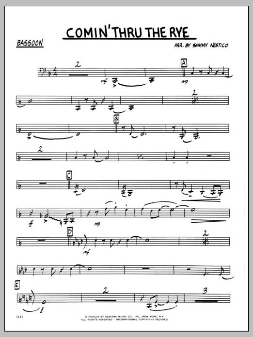 Learn to play Sammy Nestico Comin' Through The Rye - Bassoon sheet music for Jazz Ensemble in minutes. Sammy Nestico Comin' Through The Rye - Bassoon sheet music preview music notes and score for Jazz Ensemble including 2 page(s)
