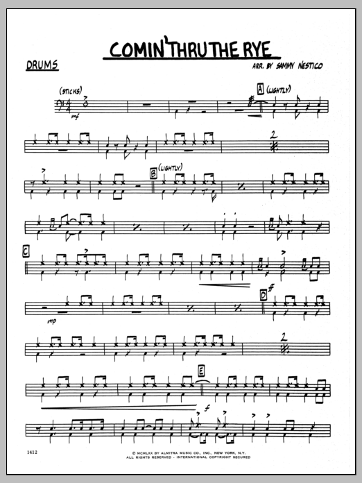 Learn to play Sammy Nestico Comin' Through The Rye - Drums sheet music for Jazz Ensemble in minutes. Sammy Nestico Comin' Through The Rye - Drums sheet music preview music notes and score for Jazz Ensemble including 2 page(s)