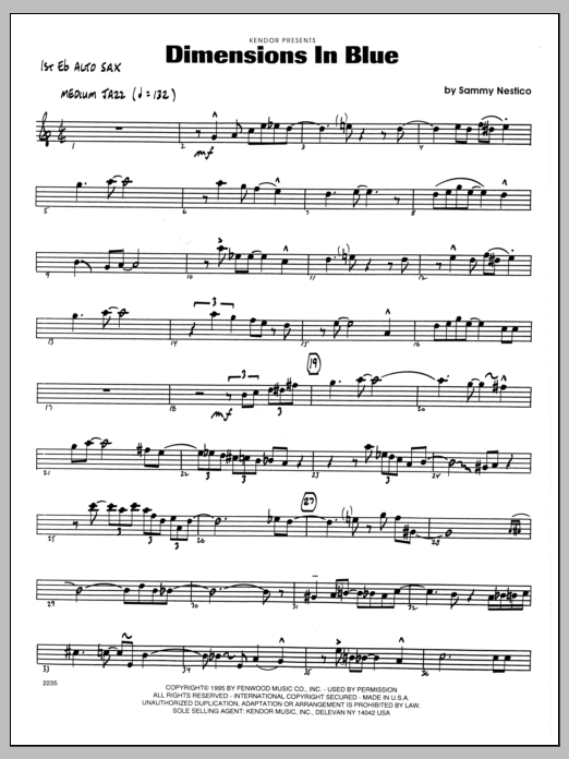 Learn to play Sammy Nestico Dimensions In Blue - 1st Eb Alto Saxophone sheet music for Jazz Ensemble in minutes. Sammy Nestico Dimensions In Blue - 1st Eb Alto Saxophone sheet music preview music notes and score for Jazz Ensemble including 2 page(s)