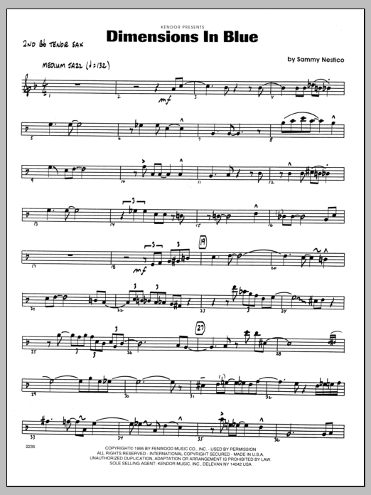 Learn to play Sammy Nestico Dimensions In Blue - 2nd Bb Tenor Saxophone sheet music for Jazz Ensemble in minutes. Sammy Nestico Dimensions In Blue - 2nd Bb Tenor Saxophone sheet music preview music notes and score for Jazz Ensemble including 2 page(s)