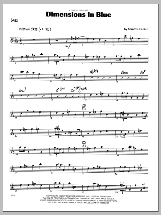 Learn to play Sammy Nestico Dimensions In Blue - Bass sheet music for Jazz Ensemble in minutes. Sammy Nestico Dimensions In Blue - Bass sheet music preview music notes and score for Jazz Ensemble including 2 page(s)