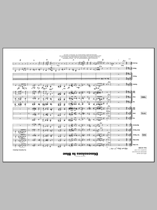 Learn to play Sammy Nestico Dimensions In Blue - Full Score sheet music for Jazz Ensemble in minutes. Sammy Nestico Dimensions In Blue - Full Score sheet music preview music notes and score for Jazz Ensemble including 10 page(s)