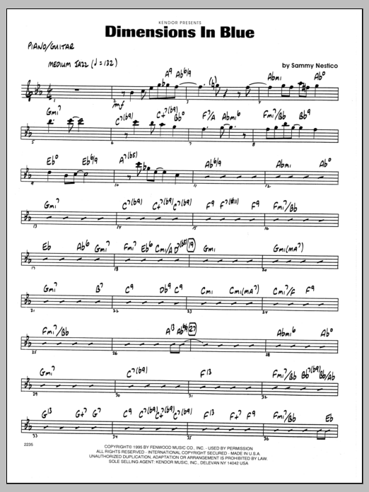 Learn to play Sammy Nestico Dimensions In Blue - Piano sheet music for Jazz Ensemble in minutes. Sammy Nestico Dimensions In Blue - Piano sheet music preview music notes and score for Jazz Ensemble including 2 page(s)