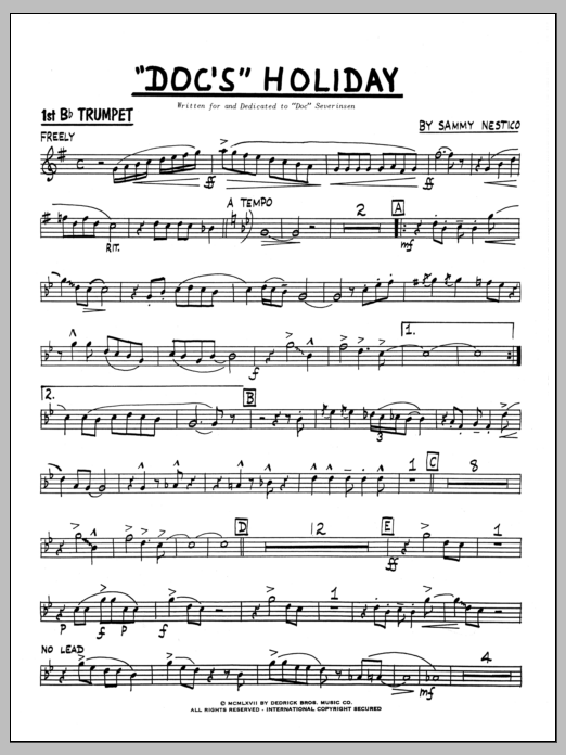 Learn to play Sammy Nestico Doc's Holiday - 1st Bb Trumpet sheet music for Jazz Ensemble in minutes. Sammy Nestico Doc's Holiday - 1st Bb Trumpet sheet music preview music notes and score for Jazz Ensemble including 3 page(s)