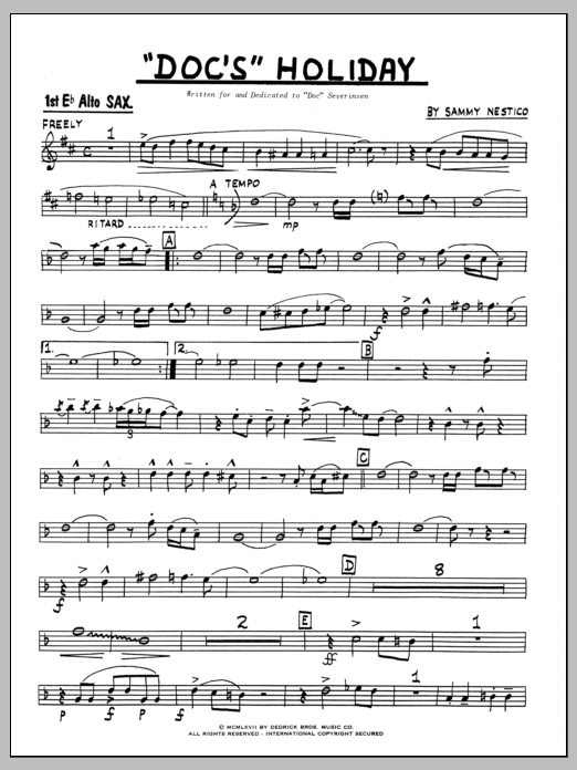 Learn to play Sammy Nestico Doc's Holiday - 1st Eb Alto Saxophone sheet music for Jazz Ensemble in minutes. Sammy Nestico Doc's Holiday - 1st Eb Alto Saxophone sheet music preview music notes and score for Jazz Ensemble including 4 page(s)