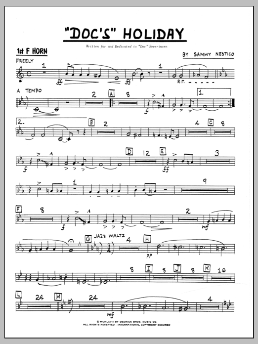 Learn to play Sammy Nestico Doc's Holiday - 1st F Horn sheet music for Jazz Ensemble in minutes. Sammy Nestico Doc's Holiday - 1st F Horn sheet music preview music notes and score for Jazz Ensemble including 2 page(s)