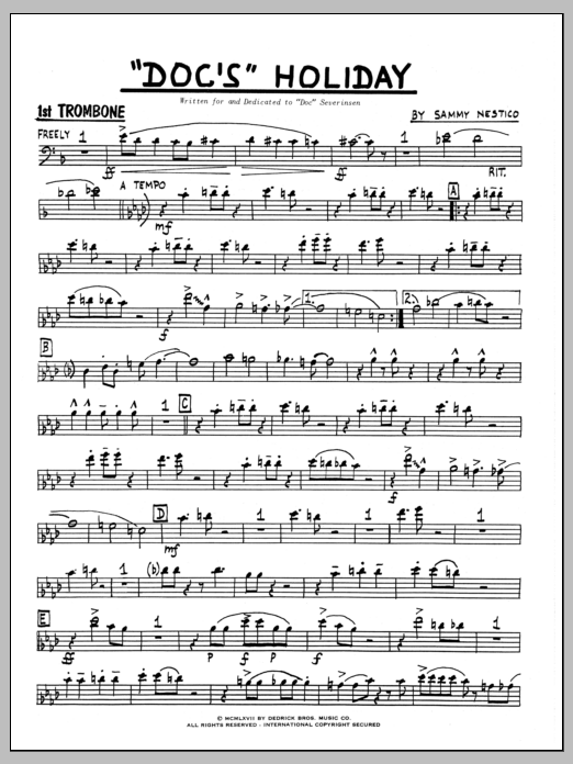 Learn to play Sammy Nestico Doc's Holiday - 1st Trombone sheet music for Jazz Ensemble in minutes. Sammy Nestico Doc's Holiday - 1st Trombone sheet music preview music notes and score for Jazz Ensemble including 4 page(s)