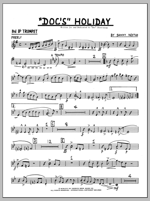 Learn to play Sammy Nestico Doc's Holiday - 3rd Bb Trumpet sheet music for Jazz Ensemble in minutes. Sammy Nestico Doc's Holiday - 3rd Bb Trumpet sheet music preview music notes and score for Jazz Ensemble including 3 page(s)
