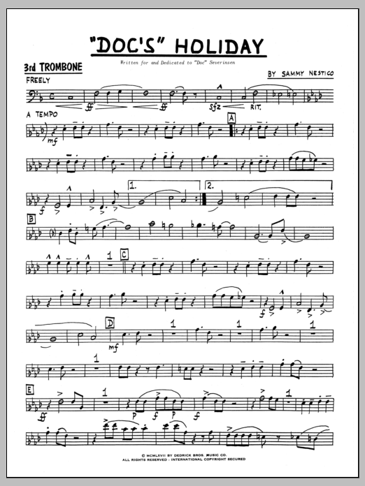 Learn to play Sammy Nestico Doc's Holiday - 3rd Trombone sheet music for Jazz Ensemble in minutes. Sammy Nestico Doc's Holiday - 3rd Trombone sheet music preview music notes and score for Jazz Ensemble including 4 page(s)