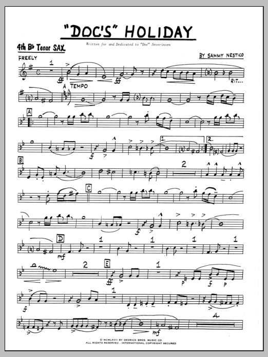 Learn to play Sammy Nestico Doc's Holiday - 4TH Bb TENOR SAXOPHONE sheet music for Jazz Ensemble in minutes. Sammy Nestico Doc's Holiday - 4TH Bb TENOR SAXOPHONE sheet music preview music notes and score for Jazz Ensemble including 4 page(s)