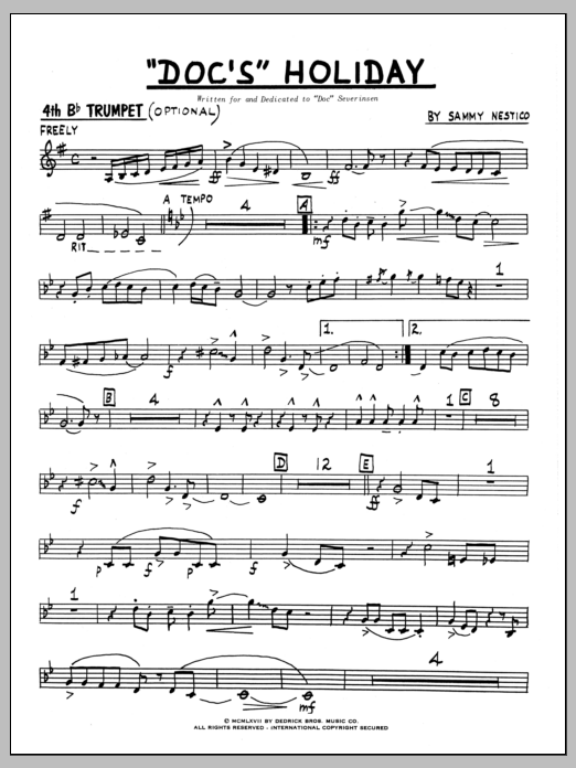Learn to play Sammy Nestico Doc's Holiday - 4th Bb Trumpet sheet music for Jazz Ensemble in minutes. Sammy Nestico Doc's Holiday - 4th Bb Trumpet sheet music preview music notes and score for Jazz Ensemble including 3 page(s)