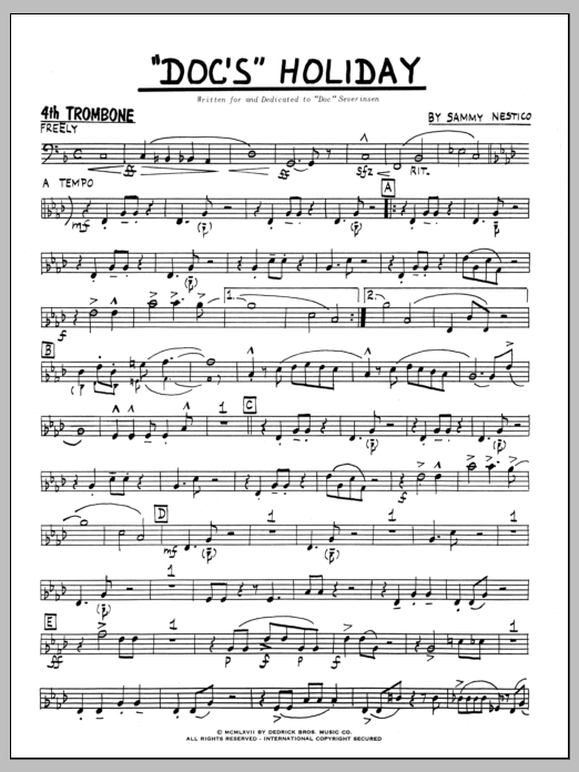Learn to play Sammy Nestico Doc's Holiday - 4th Trombone sheet music for Jazz Ensemble in minutes. Sammy Nestico Doc's Holiday - 4th Trombone sheet music preview music notes and score for Jazz Ensemble including 4 page(s)