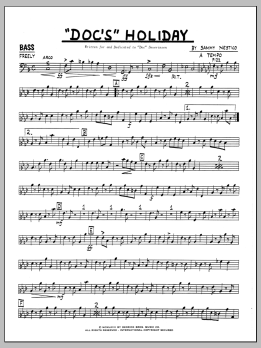 Learn to play Sammy Nestico Doc's Holiday - Bass sheet music for Jazz Ensemble in minutes. Sammy Nestico Doc's Holiday - Bass sheet music preview music notes and score for Jazz Ensemble including 4 page(s)