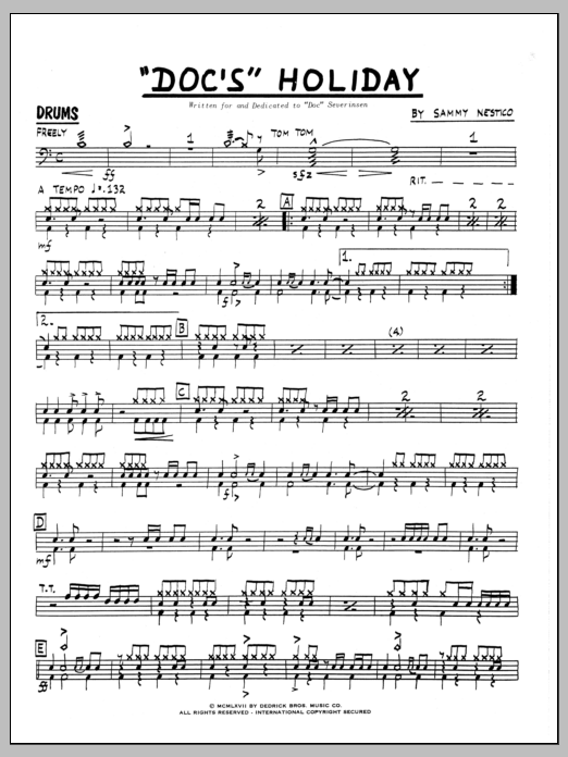Learn to play Sammy Nestico Doc's Holiday - Drums sheet music for Jazz Ensemble in minutes. Sammy Nestico Doc's Holiday - Drums sheet music preview music notes and score for Jazz Ensemble including 4 page(s)