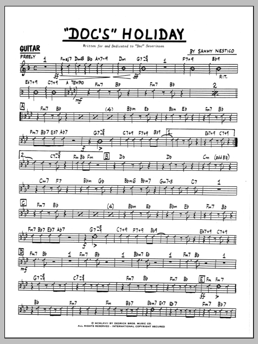 Learn to play Sammy Nestico Doc's Holiday - Guitar sheet music for Jazz Ensemble in minutes. Sammy Nestico Doc's Holiday - Guitar sheet music preview music notes and score for Jazz Ensemble including 5 page(s)