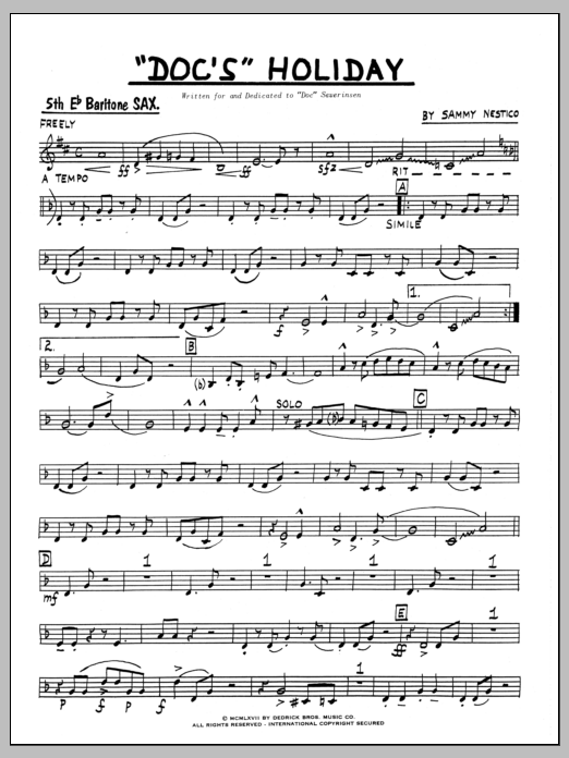 Learn to play Sammy Nestico Doc's Holiday - Part 5 - Bari Sax sheet music for Jazz Ensemble in minutes. Sammy Nestico Doc's Holiday - Part 5 - Bari Sax sheet music preview music notes and score for Jazz Ensemble including 4 page(s)