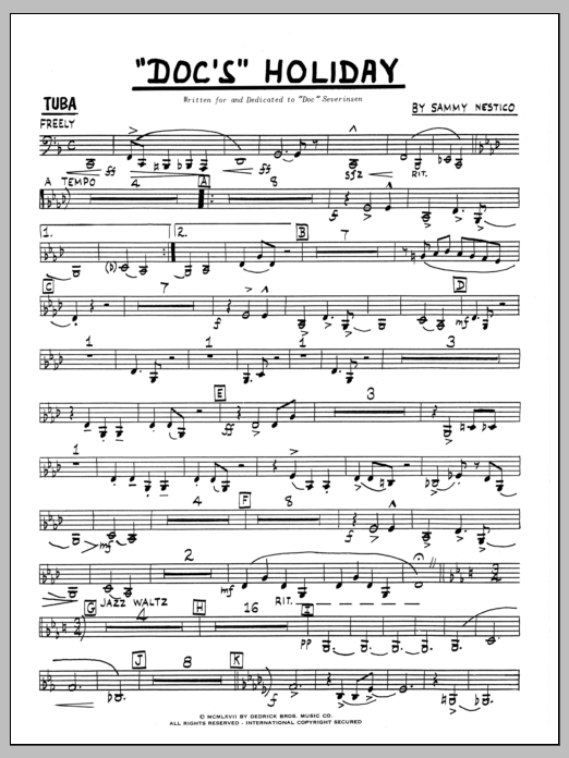 Learn to play Sammy Nestico Doc's Holiday - Tuba sheet music for Jazz Ensemble in minutes. Sammy Nestico Doc's Holiday - Tuba sheet music preview music notes and score for Jazz Ensemble including 2 page(s)
