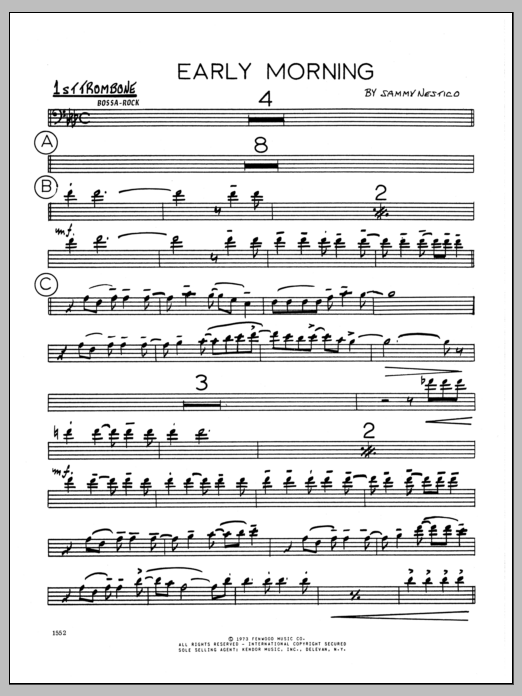 Learn to play Sammy Nestico Early Morning - 1st Trombone sheet music for Jazz Ensemble in minutes. Sammy Nestico Early Morning - 1st Trombone sheet music preview music notes and score for Jazz Ensemble including 2 page(s)