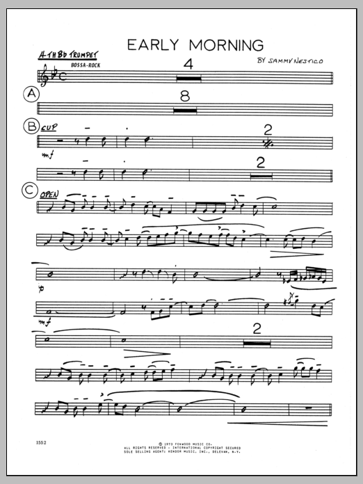 Learn to play Sammy Nestico Early Morning - 4th Bb Trumpet sheet music for Jazz Ensemble in minutes. Sammy Nestico Early Morning - 4th Bb Trumpet sheet music preview music notes and score for Jazz Ensemble including 2 page(s)