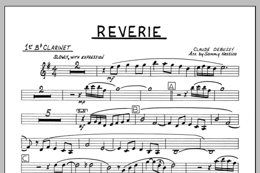 Learn to play Sammy Nestico Reverie - 1st Bb Clarinet sheet music for Jazz Ensemble in minutes. Sammy Nestico Reverie - 1st Bb Clarinet sheet music preview music notes and score for Jazz Ensemble including 1 page(s)