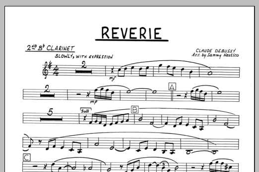 Learn to play Sammy Nestico Reverie - 2nd Bb Clarinet sheet music for Jazz Ensemble in minutes. Sammy Nestico Reverie - 2nd Bb Clarinet sheet music preview music notes and score for Jazz Ensemble including 1 page(s)