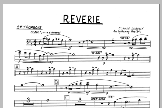Learn to play Sammy Nestico Reverie - 2nd Trombone sheet music for Jazz Ensemble in minutes. Sammy Nestico Reverie - 2nd Trombone sheet music preview music notes and score for Jazz Ensemble including 1 page(s)
