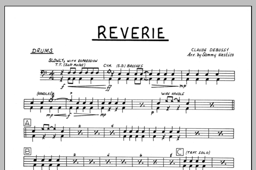 Learn to play Sammy Nestico Reverie - Drums sheet music for Jazz Ensemble in minutes. Sammy Nestico Reverie - Drums sheet music preview music notes and score for Jazz Ensemble including 1 page(s)