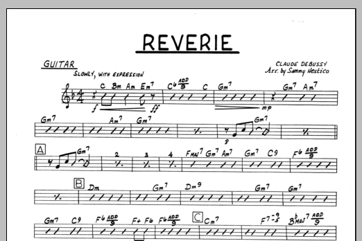 Learn to play Sammy Nestico Reverie - Guitar sheet music for Jazz Ensemble in minutes. Sammy Nestico Reverie - Guitar sheet music preview music notes and score for Jazz Ensemble including 1 page(s)